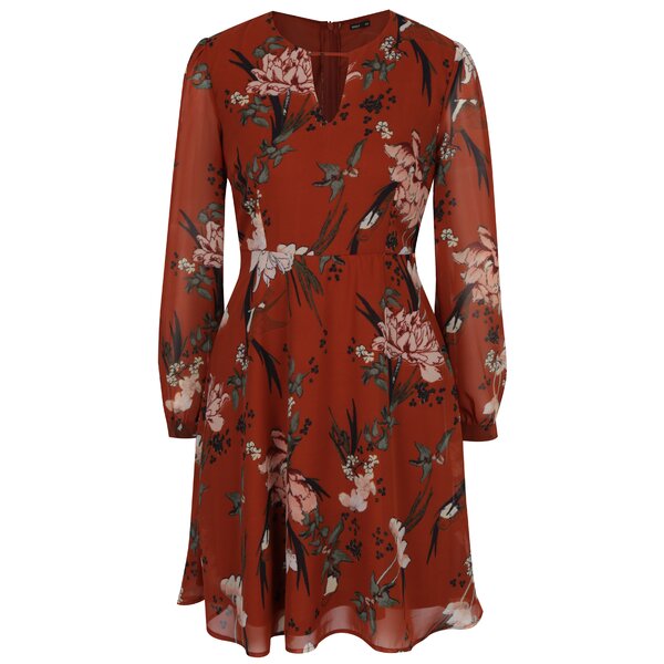 Rochie portocalie cu print floral si maneci transparente ONLY Emma