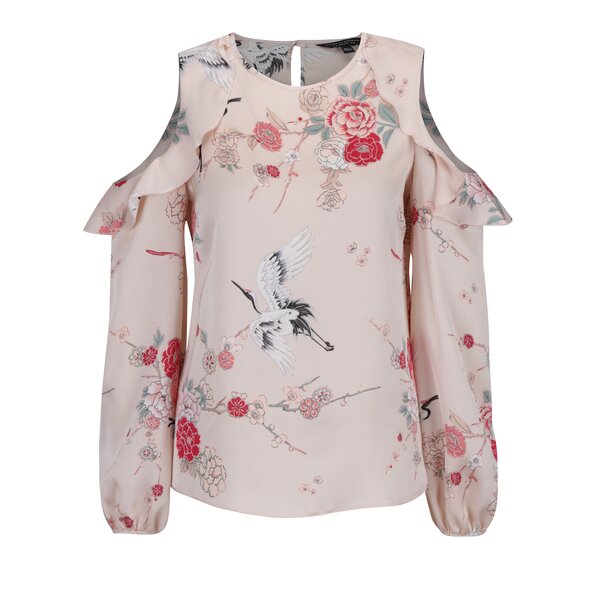 Bluza roz piersica cu print floral si volane Dorothy Perkins