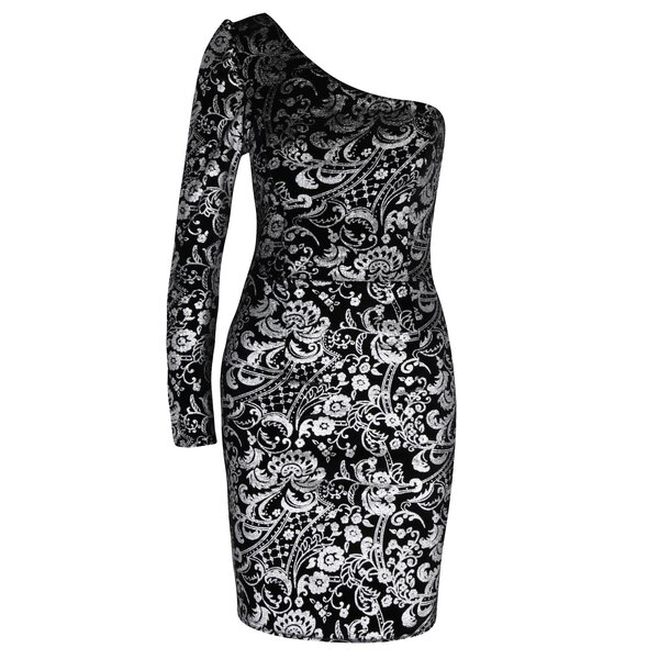 Rochie asimetrica neagra cu broderie florala si aspect catifelat Dorothy Perkins