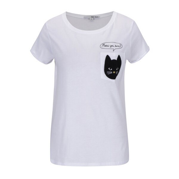 Tricou alb cu mesaj si aplicatie in forma de pisica - TALLY WEiJL