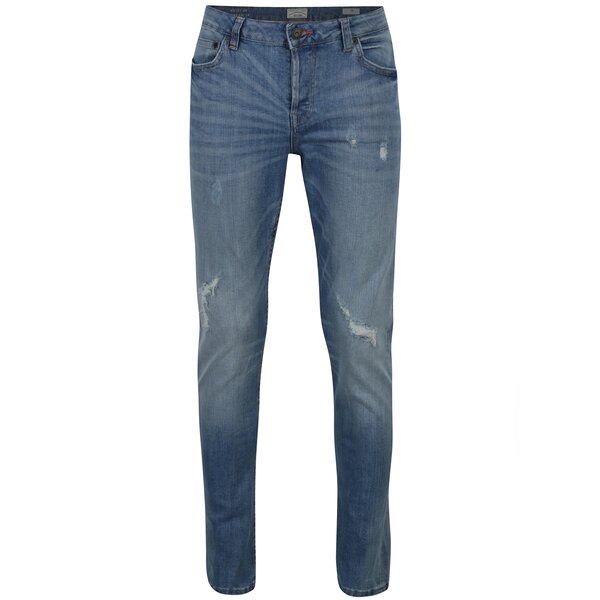 Blugi slim fit albastri cu aspect uzat si prespalat - ONLY & SONS Loom