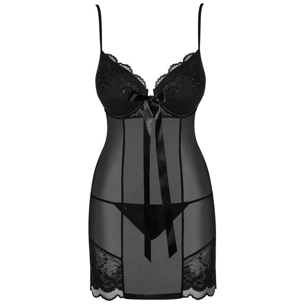 Set negru din tulle cu camasa de noapte si chilot tanga Obsessive Kisselent chemise
