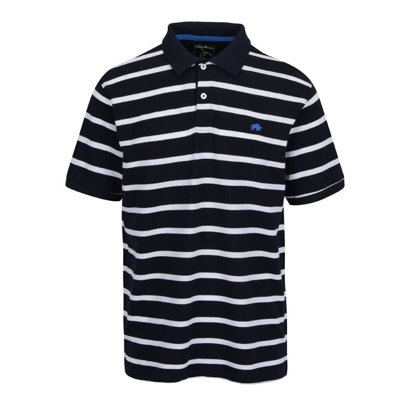 Tricou polo cu dungi bleumarin & alb si logo - Raging Bull