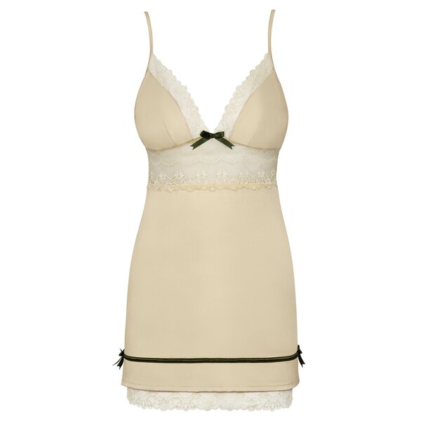 Set camasa de noapte si chiloti tanga bej cu detalii kaki Obsessive Carmelove Chemise