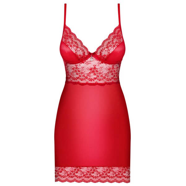 Set rosu din satin si dantela cu camasa de noapte si chilot tanga Obsessive Lovica chemise