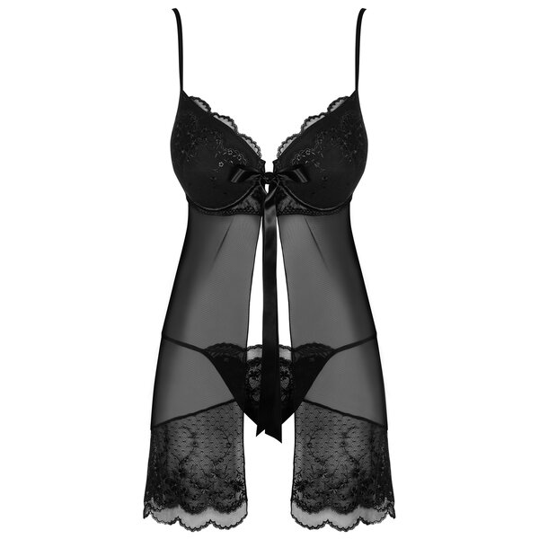 Set negru din tulle si dantela camasa de noapte si chilot tanga Obsessive Kisselent babydoll