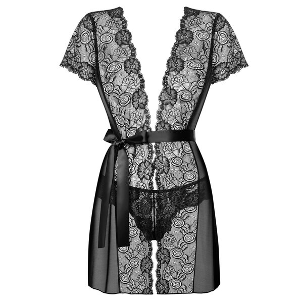 Set negru de camasa de noapte si chiloti tanga Obsessive Alluria Peignoir
