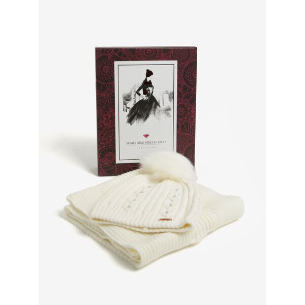 Set crem fular + caciula cu strasuri si pom pom Something Special