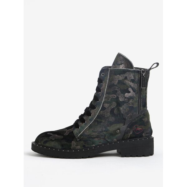 Bocanci din piele naturala cu print camuflaj verde & negru - Fornarina Kim