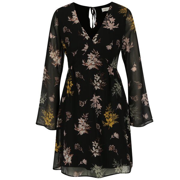 Rochie neagra cu print floral si maneci clopot Apricot