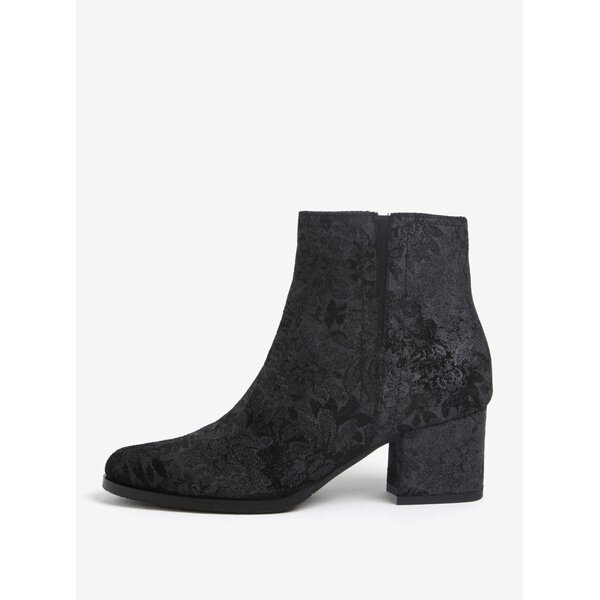 Botine negre din piele cu toc si model floral - Tamaris