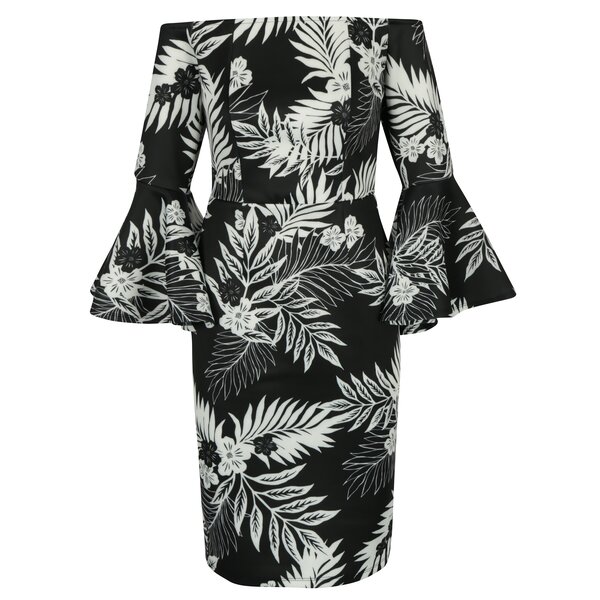 Rochie neagra cu maneci clopot si print floral - Dorothy Perkins