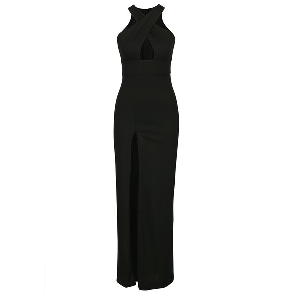 Rochie maxi neagra cu slit si bretele incrucisate in zona decolteului AX Paris