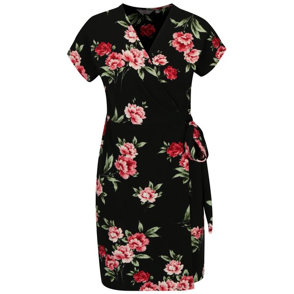 Rochie neagra cu croi suprapus si print floral Dorothy Perkins Petite