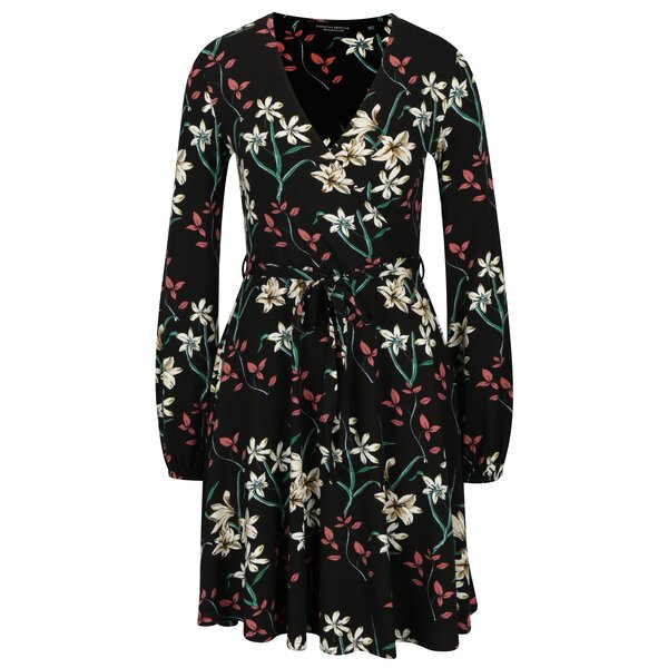 Rochie neagra cu print floral si cordon in talie - Dorothy Perkins