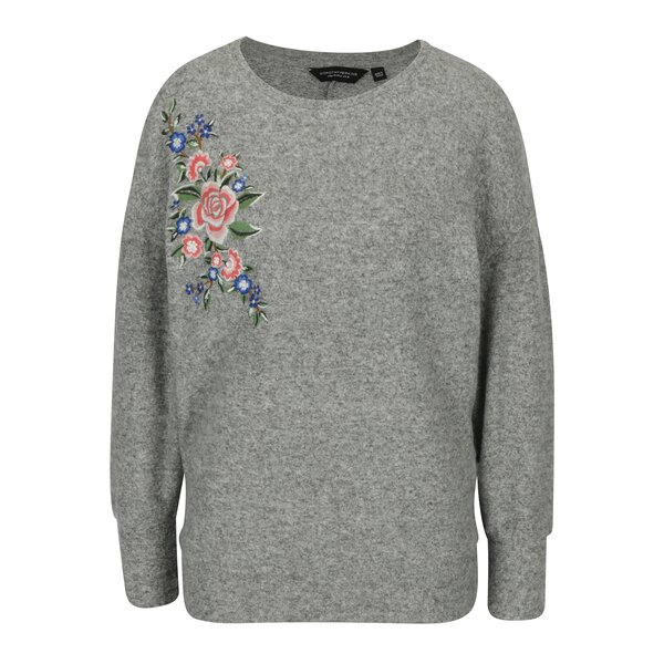 Bluza gri deschis cu maneci raglan si broderie florala Dorothy Perkins