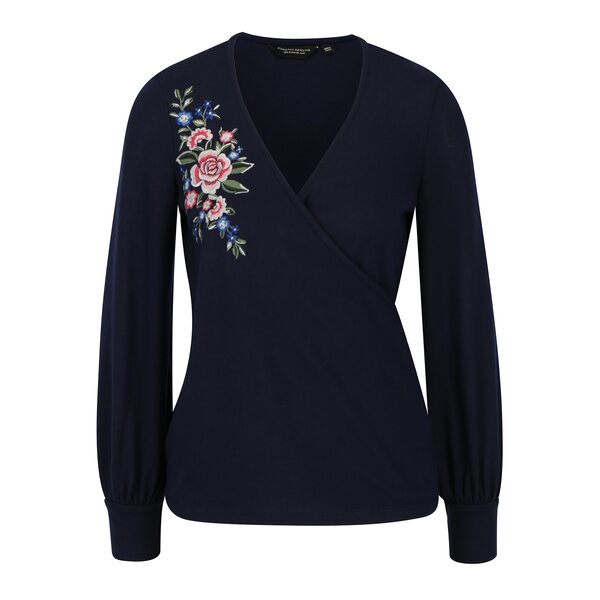 Bluza bleumarin cu maneci balon si broderie florala Dorothy Perkins