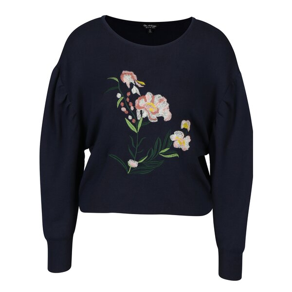 Pulover bleumarin cu broderie florala si maneci balon Miss Selfridge
