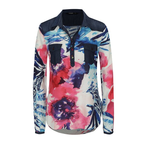 Bluza crem cu print abstract si detalii din denim Desigual Harmony Ala De Mariposa