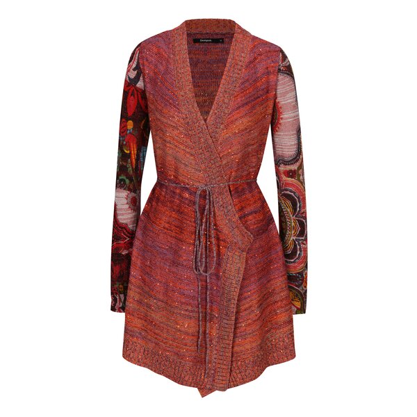 Cardigan portocaliu cu print si siret in talie - Desigual Identity