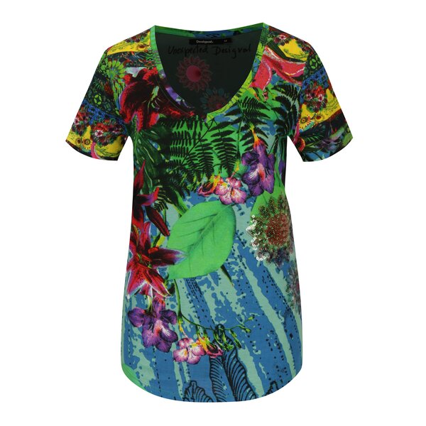 Tricou multicolor cu print tropical si paiete Desigual Logical song
