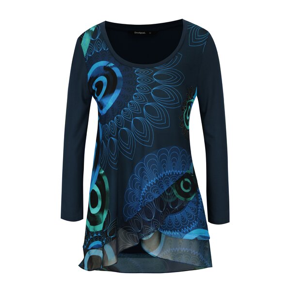 Bluza albastra cu print ornamental si volane Desigual Indira