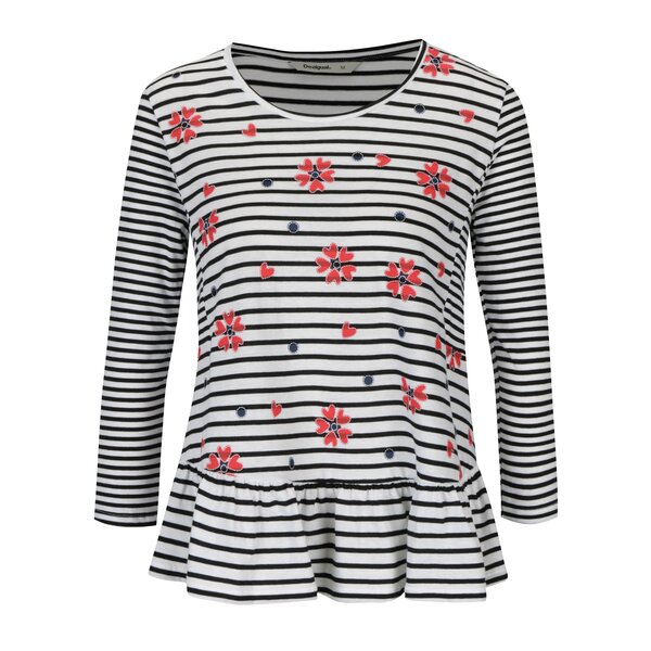 Bluza crem in dungi cu print floral si volan Desigual Symphony