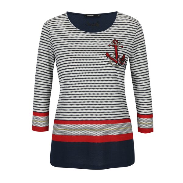 Bluza crem in dungi cu broderie si maneci 3/4 Desigual Herbert