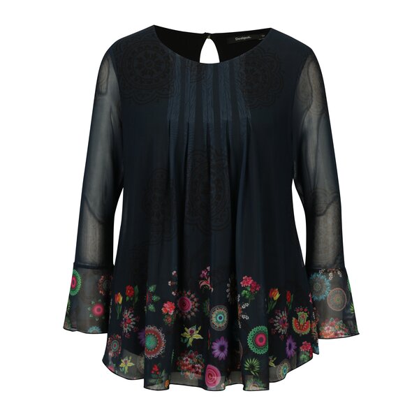 Bluza bleumarin cu print floral si maneci clopot Desigual Chruse