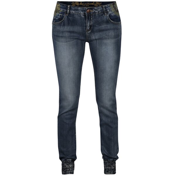 Blugi slim albastri cu broderie si terminatie elastica Desigual Blue Lysiane