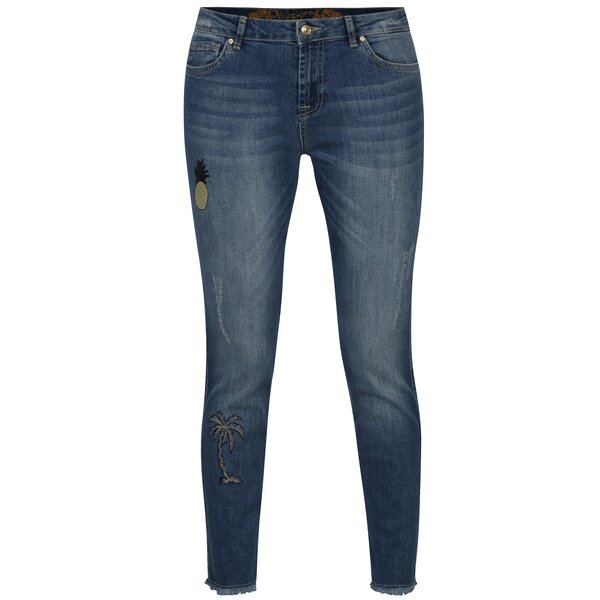 Blugi cropped skinny cu broderie tropicala Desigual Blue Loane