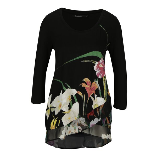Bluza neagra cu print floral si terminatie suprapusa Desigual Courtney