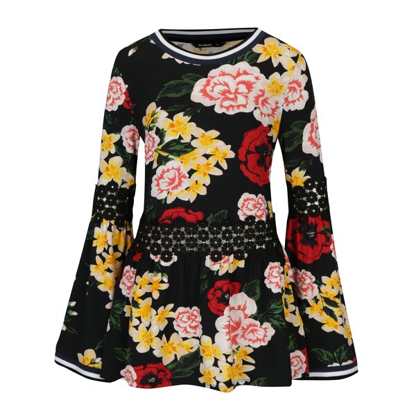 Bluza bleumarin cu print floral si dantela Desigual Acacia