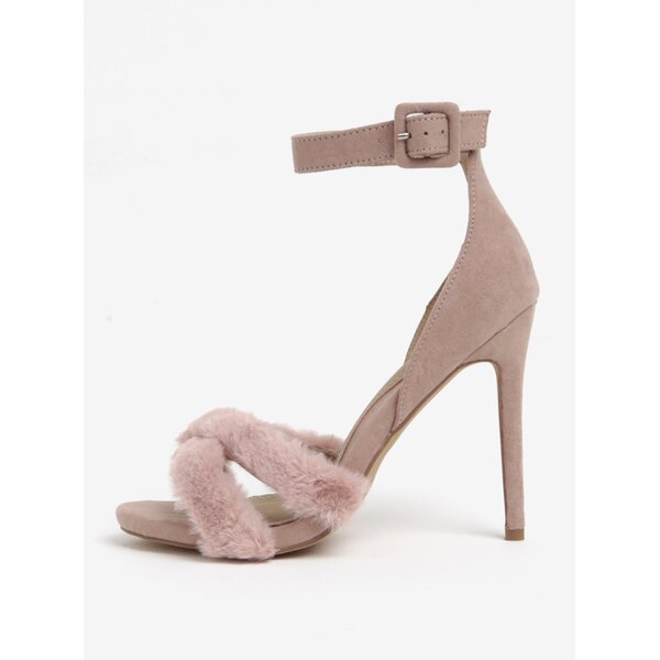 Sandale cu toc cui si blana artificiala roz pal - MISSGUIDED