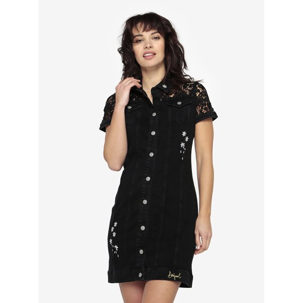 Rochie din denim neagra cu dantela si broderie Desigual Gwen