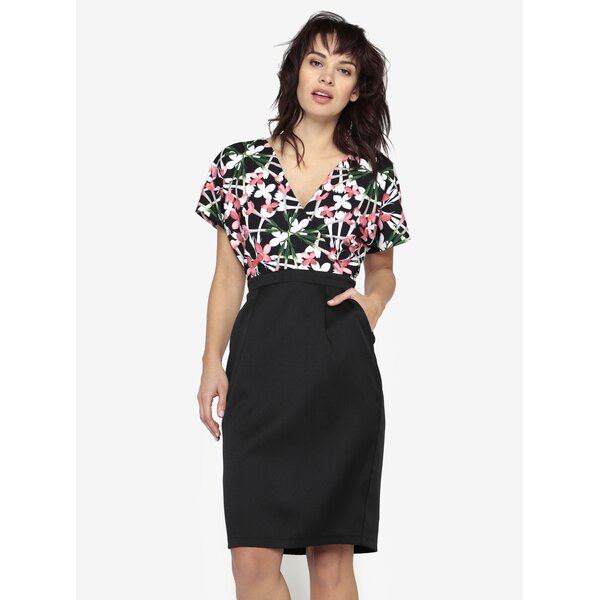 Rochie neagra cu print floral si decolteu in V - Paper Dolls