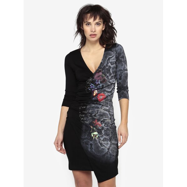 Rochie suprapusa neagra cu print si maneci 3/4 Desigual Next to me