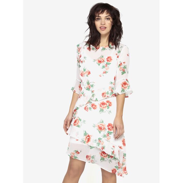 Rochie asimetrica alba cu print floral si volane Miss Selfridge