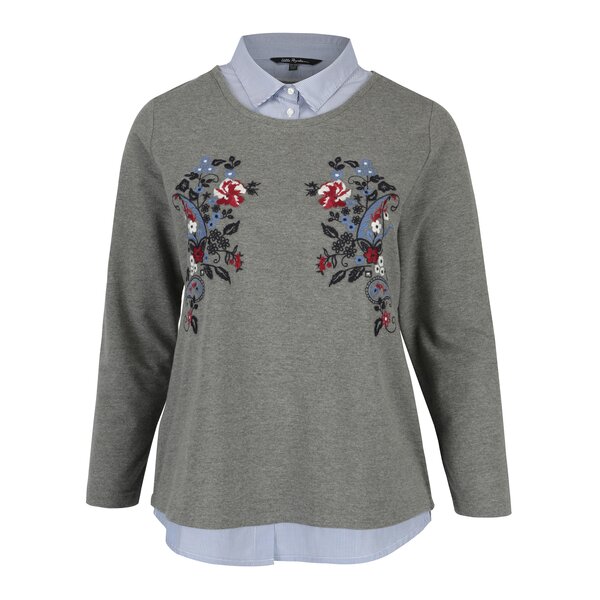 Pulover gri cu aspect 2 in 1 si broderie - Ulla Popken
