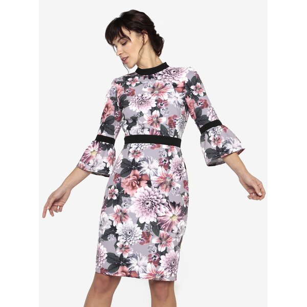 Rochie gri cu print floral si maneci clopot - Paper Dolls