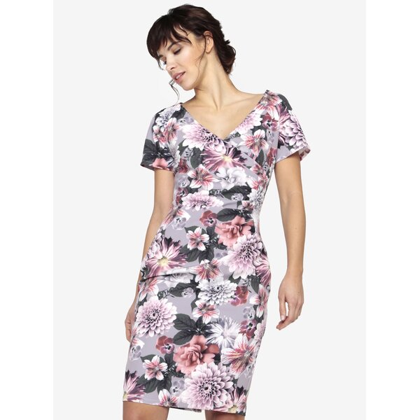 Rochie tubulara gri cu print floral si decolteu suprapus - Paper Dolls