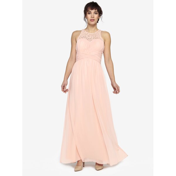Rochie lunga roz piersica cu dantela si aplicatii decorative - Little Mistress
