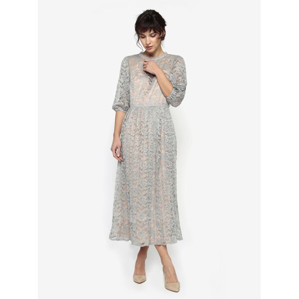 Rochie lunga verde deschis din dantela cu pliseuri - Little Mistress