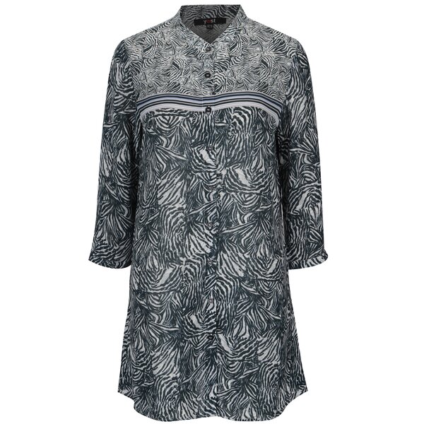 Rochie camasa bleumarin & alb cenusiu cu print - Yest