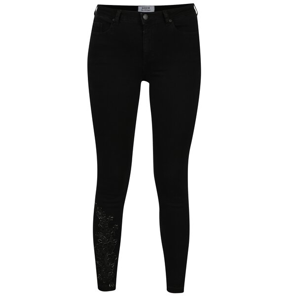 Blugi super skinny negri cu broderie florala Miss Selfridge