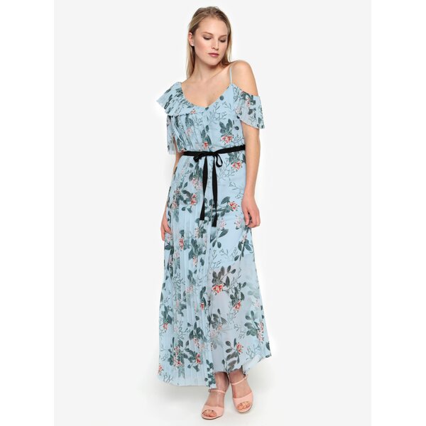 Rochie maxi cold shoulder bleu cu print floral si pliseuri - French Connection Kioa