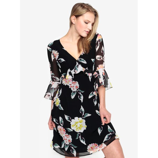 Rochie neagra cu print floral si volane la maneci - French Connection Enoshima