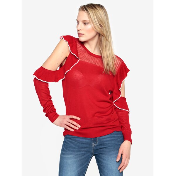 Pulover cold shoulder rosu cu volane - French Connection Lois