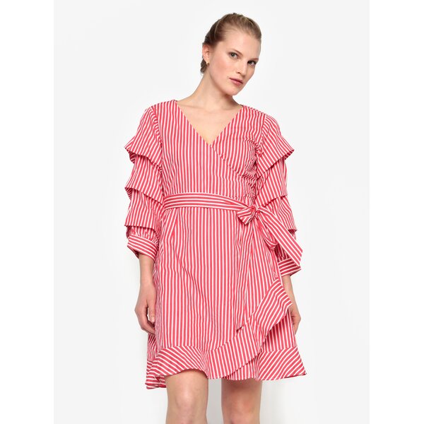 Rochie rosie cu dungi crem si volane - VILA Picana