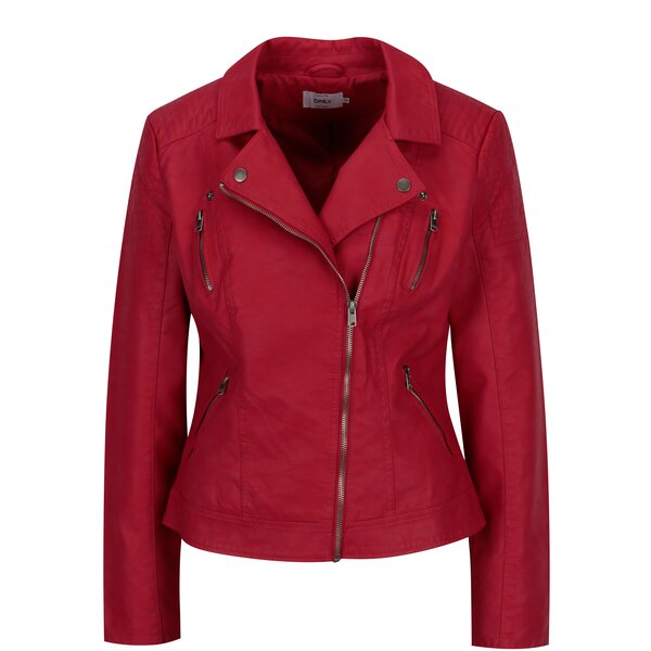 Jacheta biker rosie din piele sintetica ONLY Steady